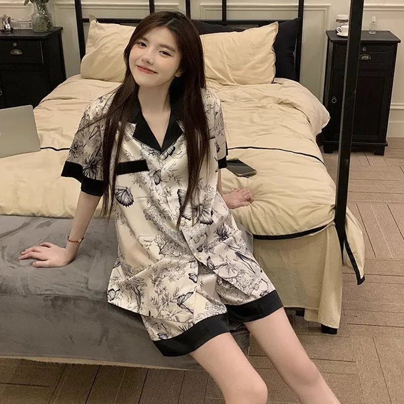 Elegant Ice Silk Sleepwear Women's Summer Butterfly Print Short Sleeve Home Clothes Set Can Be Worn Outside Breathable Casual