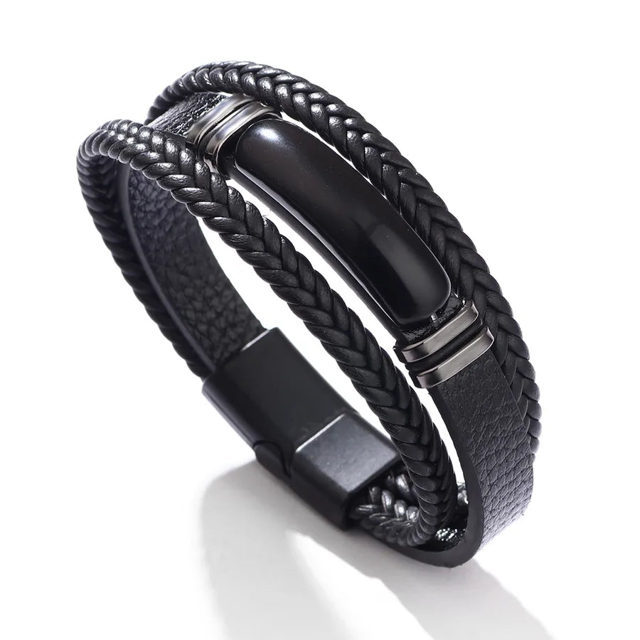 punk modern style british style geometric pu leather inlay agate men's bracelets
