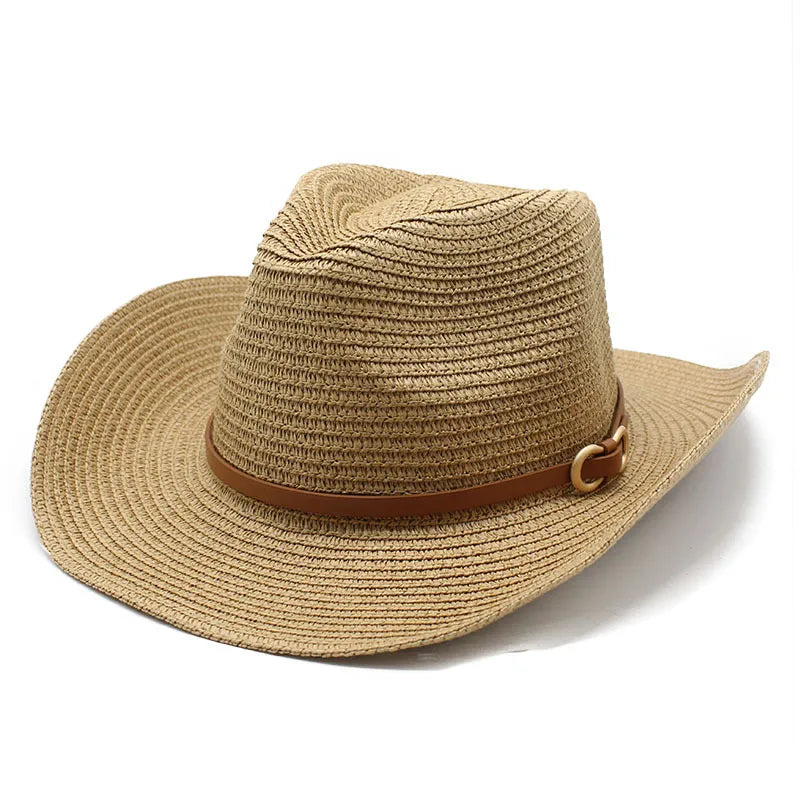 women's cowboy style solid color flat eaves straw hat