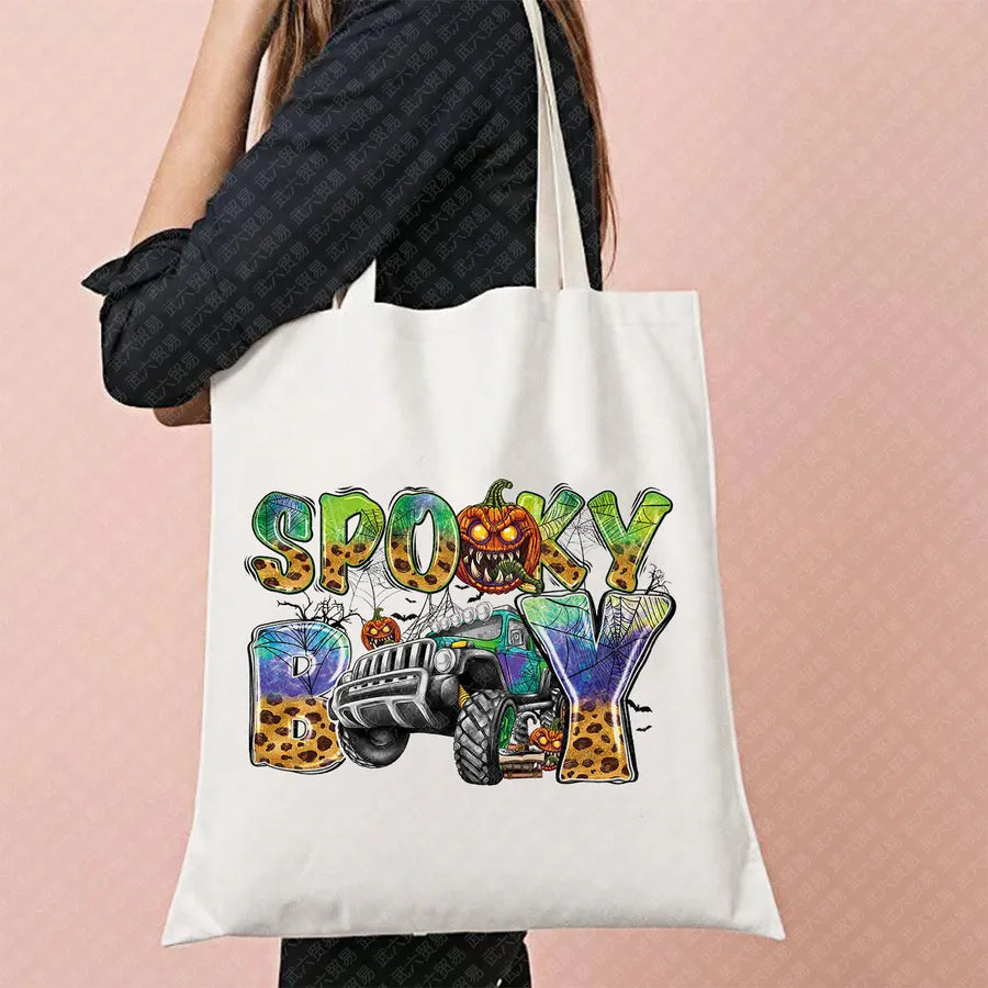 Halloween Witch Pattern Canvas Tote Bag Reusable Shopping Bag For Commuting Traveling Women Large Square Fashionable Bag
