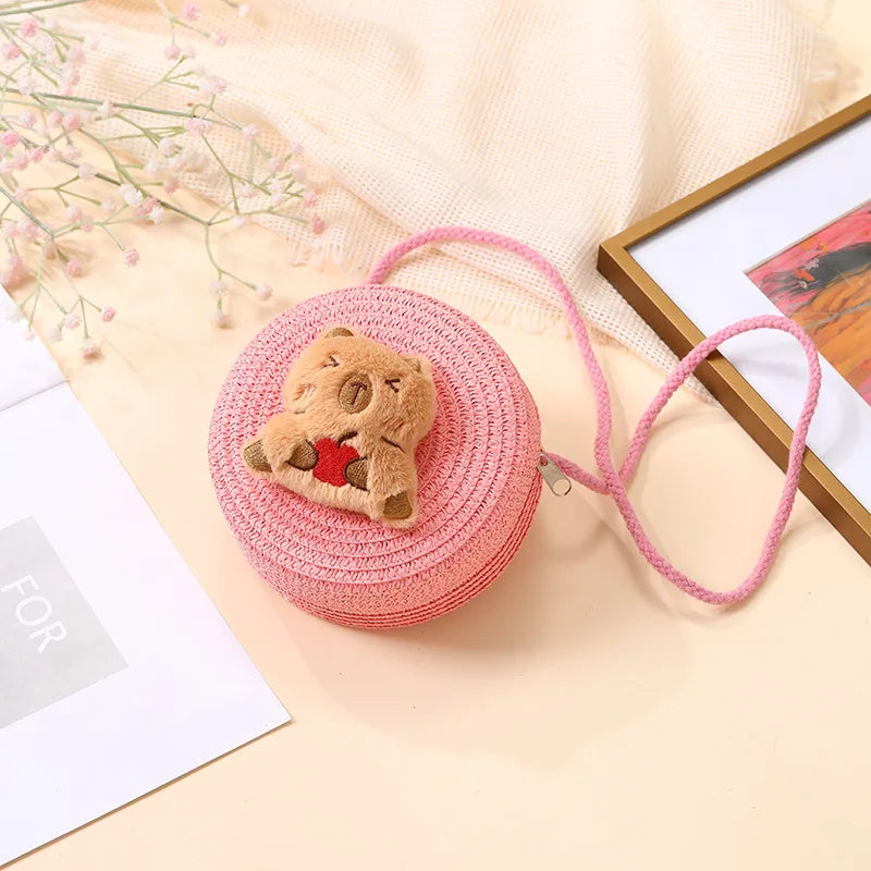 Summer Woven Bag  New Children's Cute Capibala Seaside Vacation Straw Woven Bag Crossbody Coin Purse
