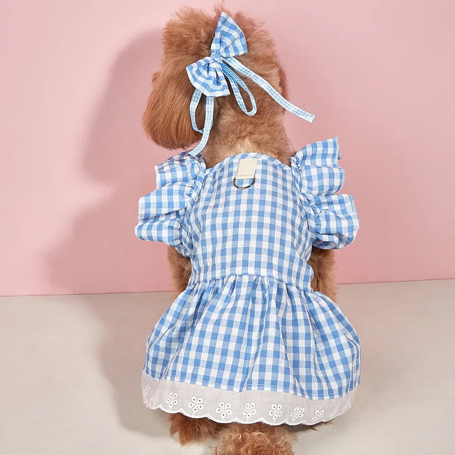 sweet cotton plaid bow knot pet clothing