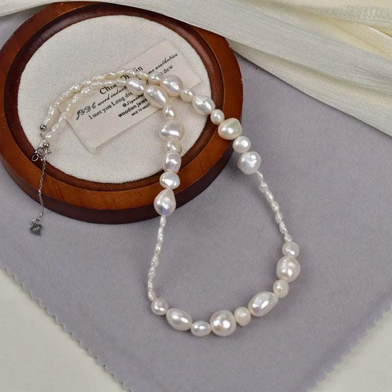 Natural Freshwater Pearl Necklace Collection For Women Elegant Simple Irregular Lockbone Chain Necklace Baroque Style