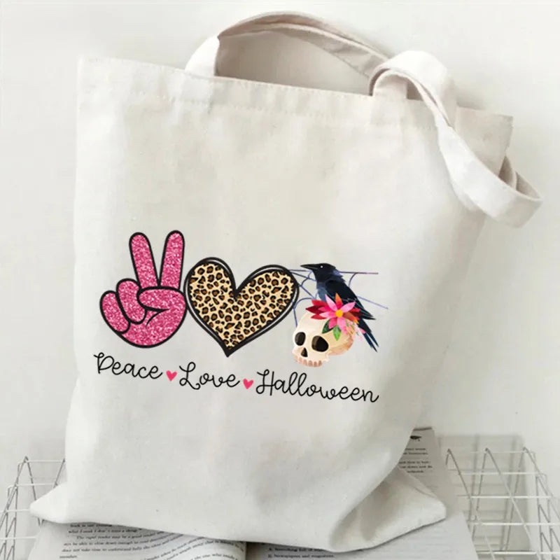 Halloween Cartoon Pumpkin Decorated Student Canvas Bag Handbag Shopping Commuter Bag Large Square Fashion Tote Bag