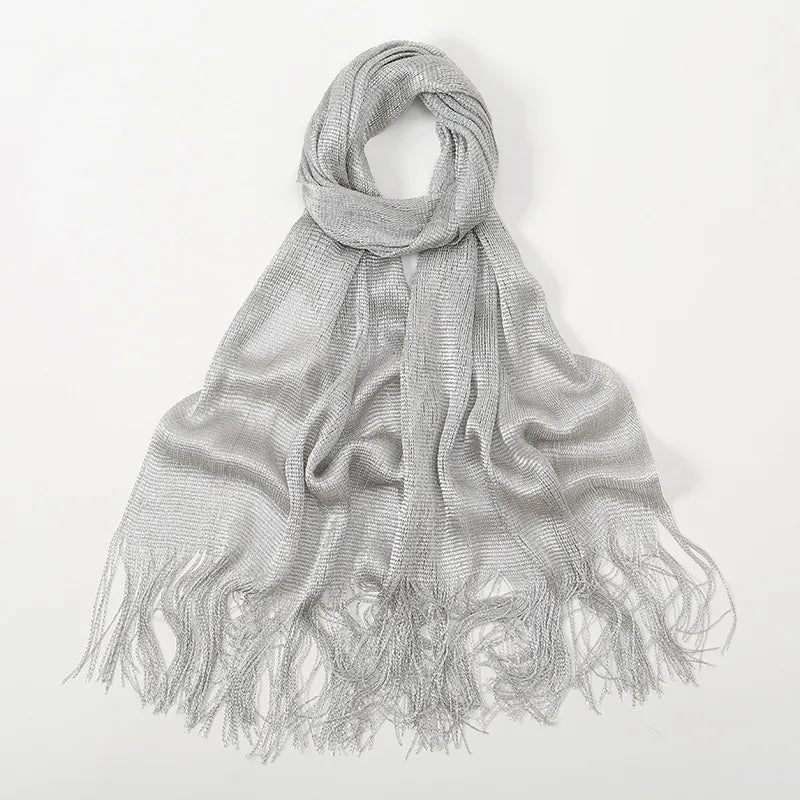 Women's Elegant Solid Color Gold and Silver Wire Tassel Scarf