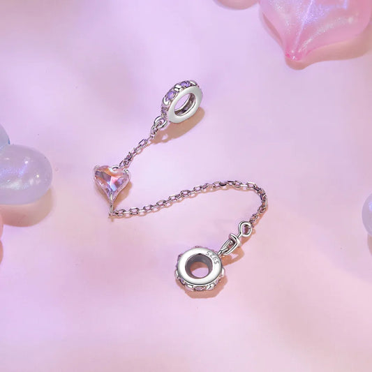 Aifule  Hot Valentine's Day Pink Love Safety Chain S925 Sterling Silver Heart-Shaped DIY Bead String Jewelry