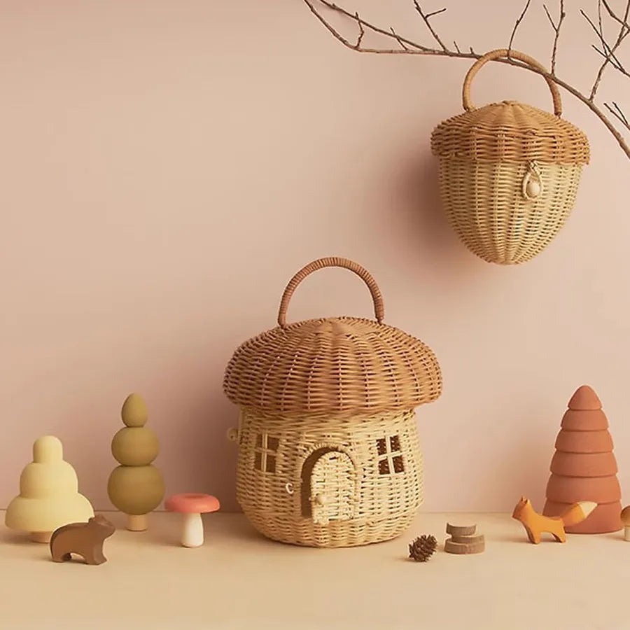 Woven Acorn Handbag Handmade Rattan Mushroom Storage Box Children's Toy Basket with Lid Storage Basket Photography Props