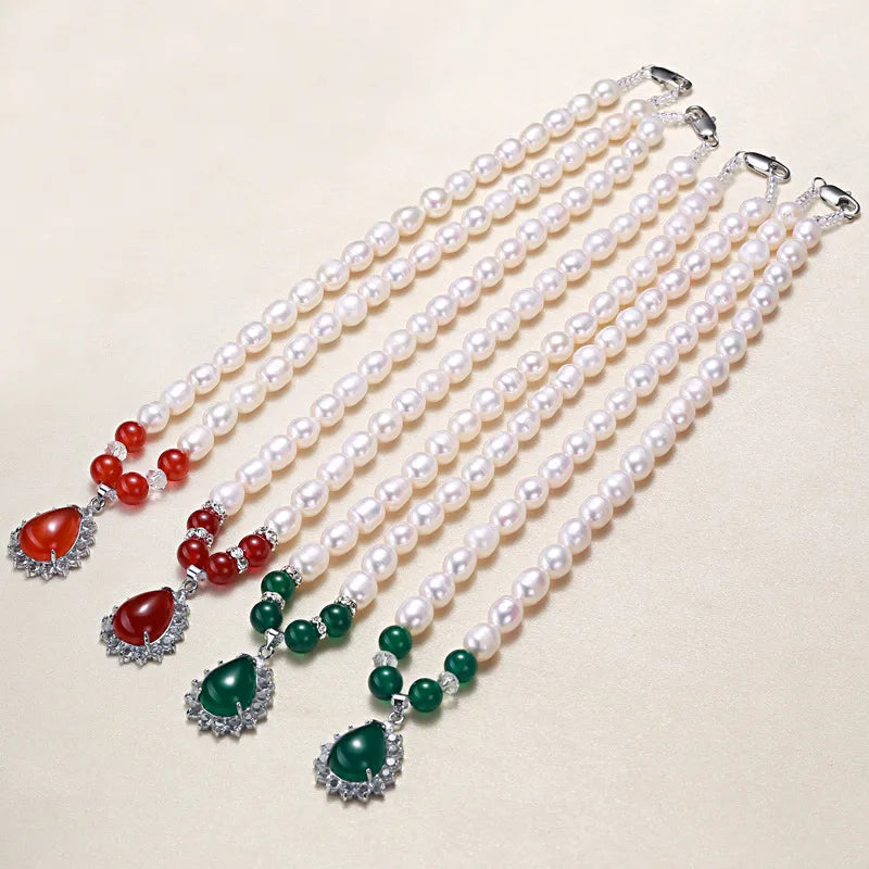Freshwater Pearl Agate Zircon Beaded Chain Plating Inlay Water Droplets Necklace