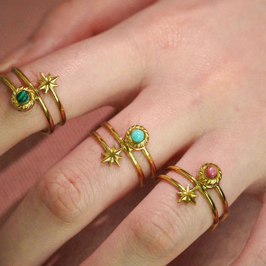 Retro French Style Eight awn star Geometric Titanium Steel Natural Stone Open Rings In Bulk