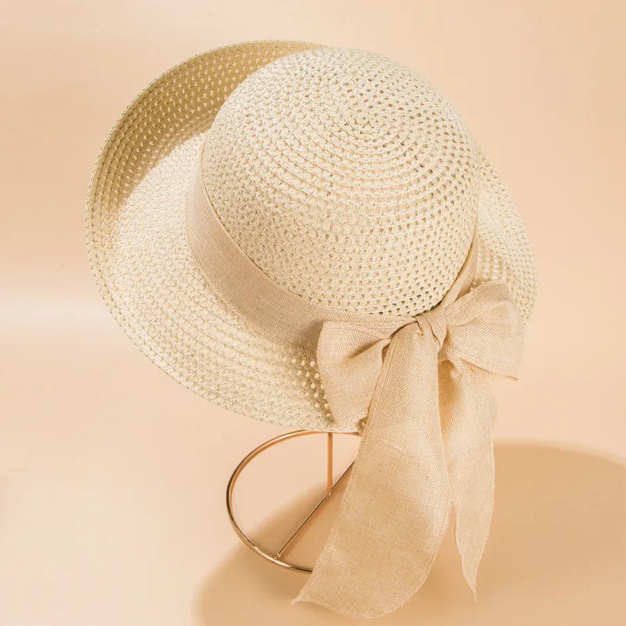2022 new fashion bow ribbon straw sun protection beach hat for women