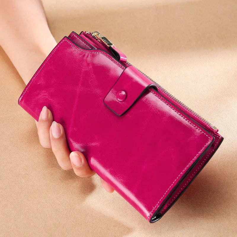 Genuine Leather Long Women's Wallet rfid Anti-theft Brush Multi-card Wallet Vintage Oil Wax Leather Girl's Clutch