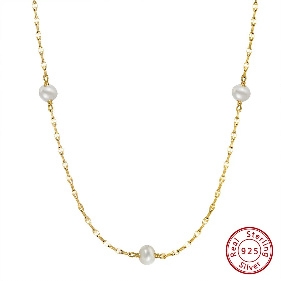 925 Sterling Silver Freshwater Pearl cable chain Plating Geometric Double Layer Necklaces Pendant Necklace Necklace