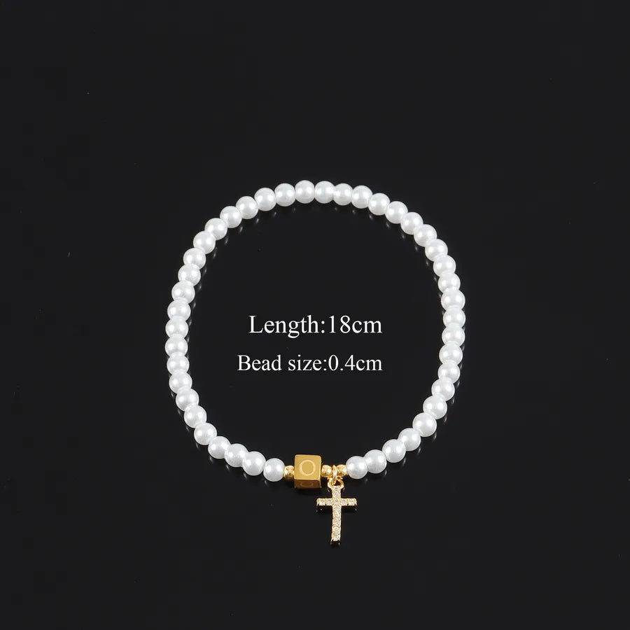 Casual Elegant Classic Style Cross Letter 304 Stainless Steel Artificial Pearl Copper Beaded Chain Beaded Bracelets Wholesale