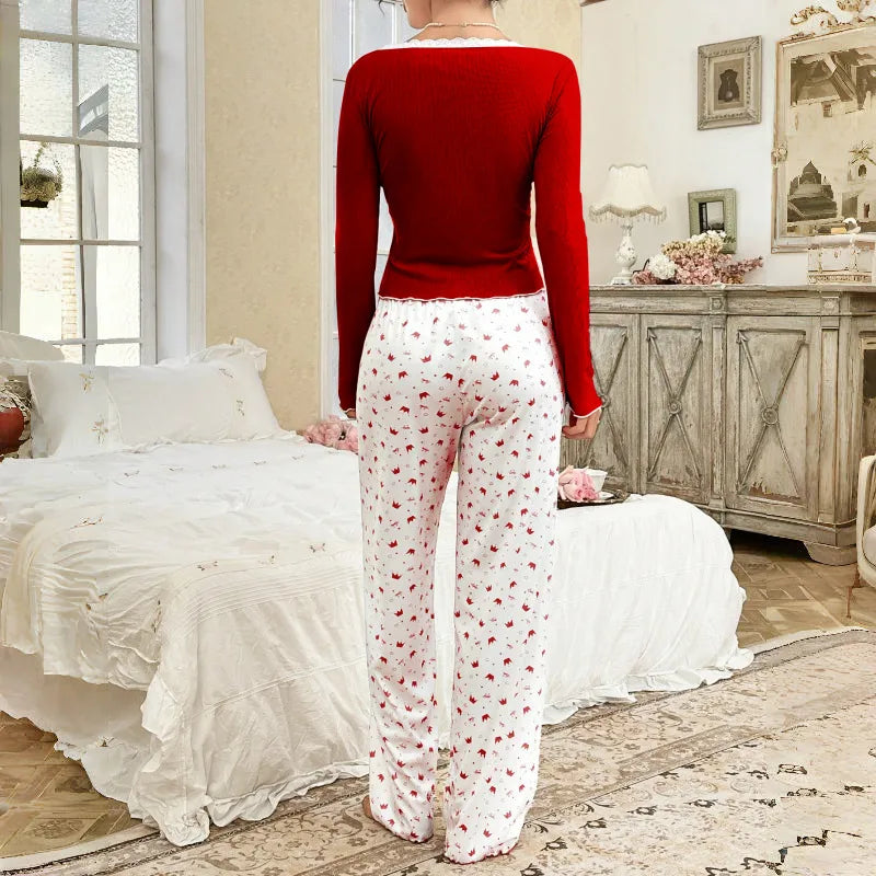 Ladies Lace Trim Round Neck Long Sleeve Sleepwear Set Home Clothes Crown Pattern Thickened Polyester Knitted Fabric All Seasons