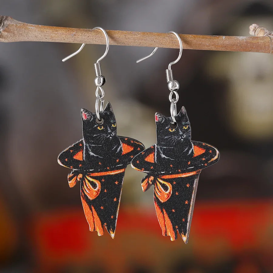 Halloween Cute Angel Cat Magic Hat Black Cat Pendant Earrings Ladies Vintage Wooden Gothic Style Double-Sided Ear Jewelry Party Gift