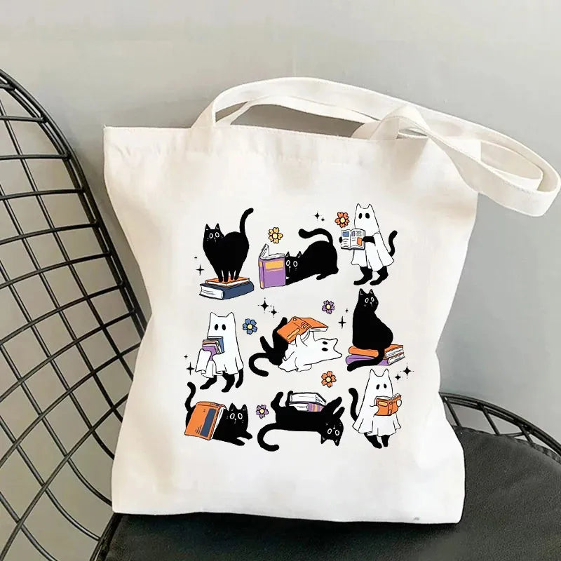 Halloween Print Canvas Tote Bag Single Shoulder Foldable Handbag Shopping Bag Large Size Retro  Style