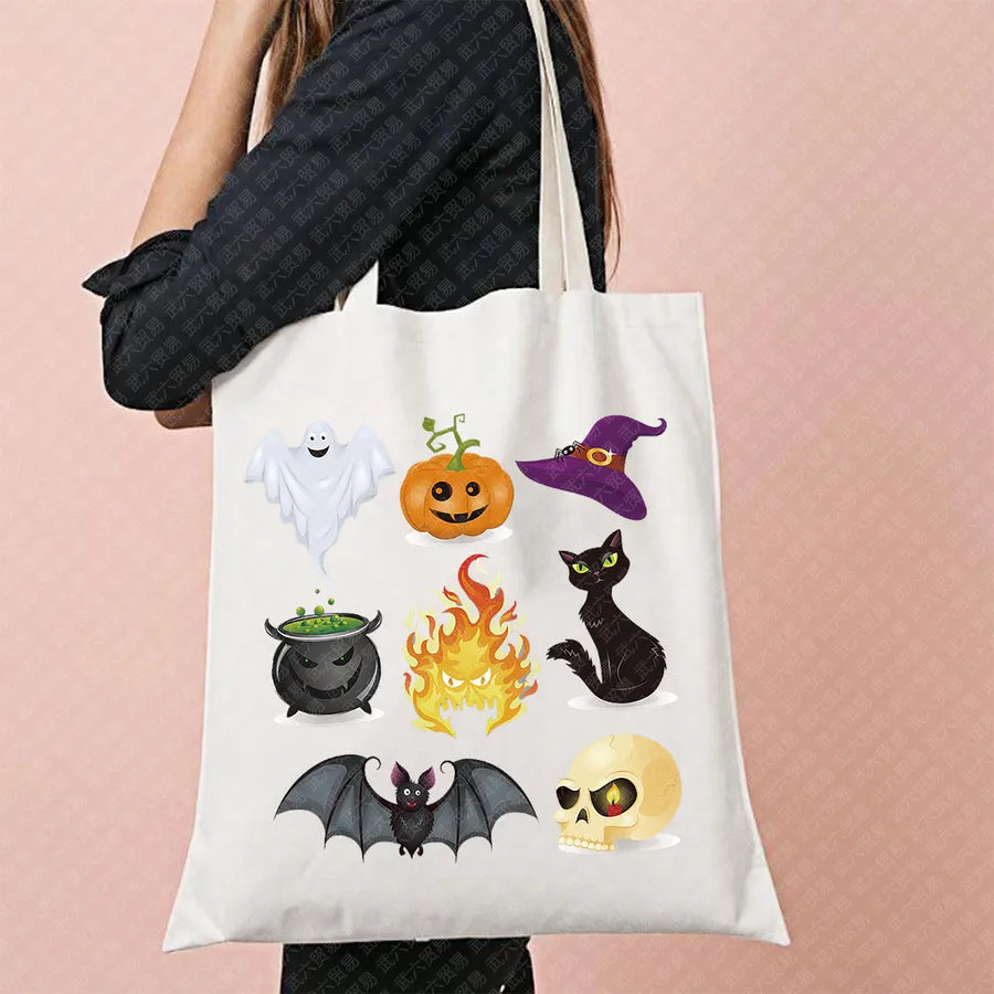 Scary Cat Halloween Pumpkin Pattern Canvas Tote Bag Reusable Shopping Bag Large Square Shape Double Shoulder Strap Tote Bag