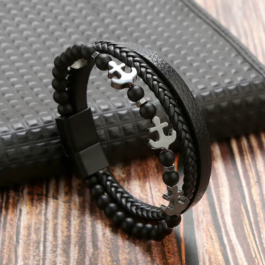 Casual Simple Style Anchor Pu Leather Beaded Men's Bangle