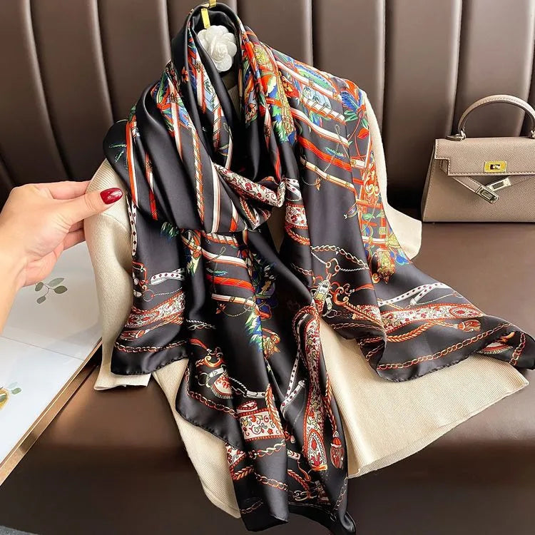 women's fashion letter plaid satin printing silk scarves