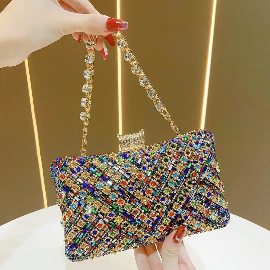 New Evening Gown Diamond Clutch Bag Single Shoulder Crossbody Women's Handbag Pillow Shape Polyester Striped Pattern