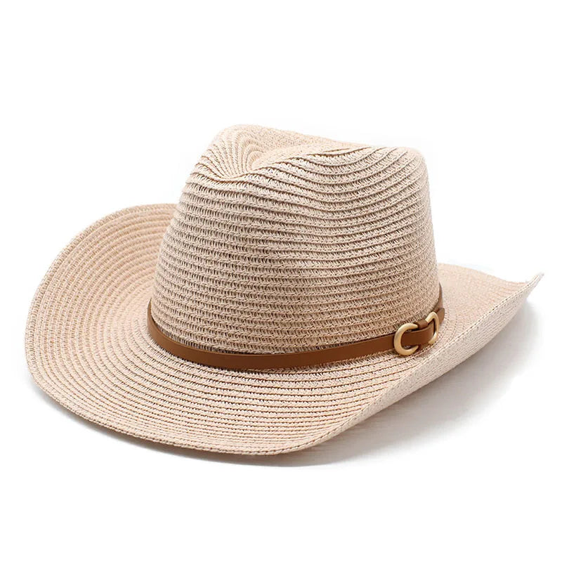 women's cowboy style solid color flat eaves straw hat