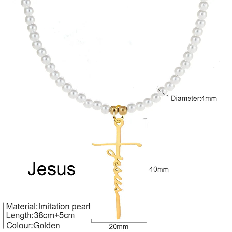 Elegant Simple Style Cross Letter 304 Stainless Steel Imitation Pearl Beaded Chain Beaded Necklaces Wholesale