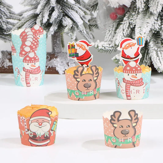 Christmas Theme Cake Cup Maker Thickened Muffin Cup Deer Round Cake Cup Heat Resistant Durable Cup 50 Pieces Baking Packaging