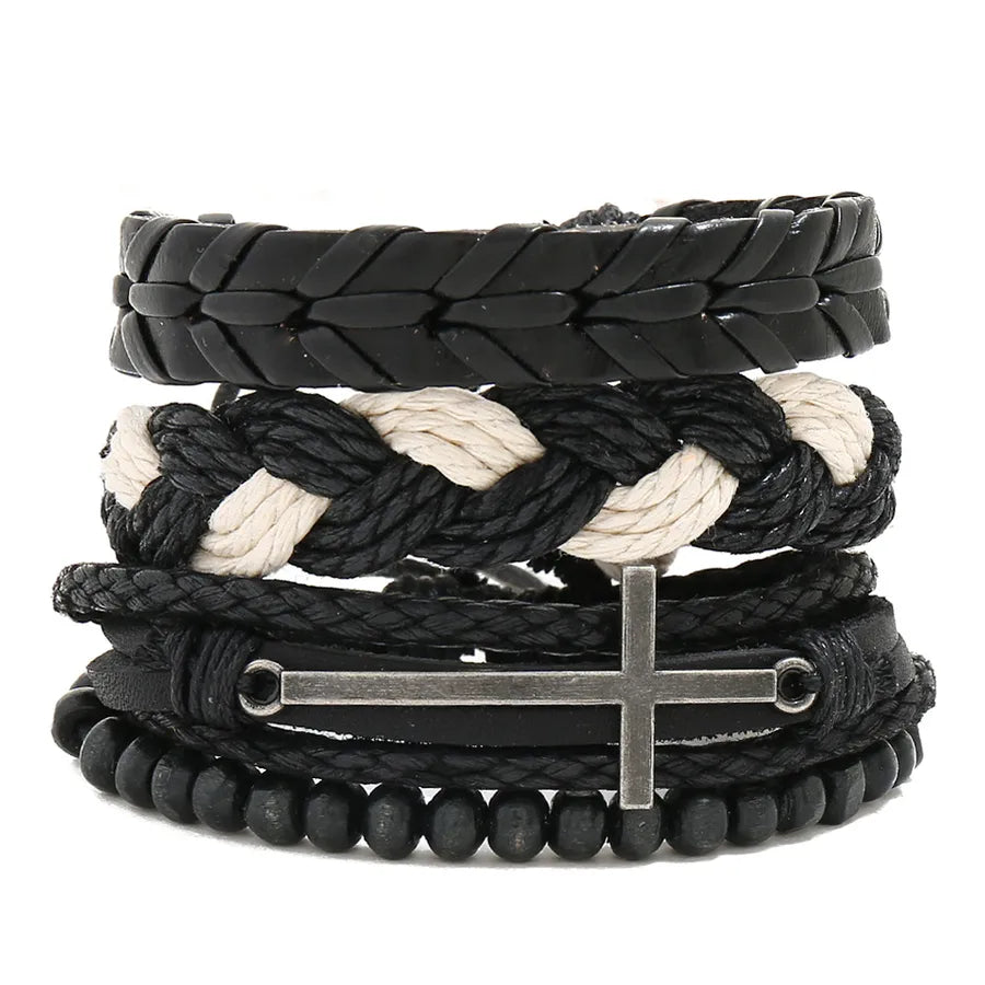 Wooden Bead Combination Cowhide Suit Men's Bracelet  Vintage Weave DIY Hemp Rope Bracelet Wrist String