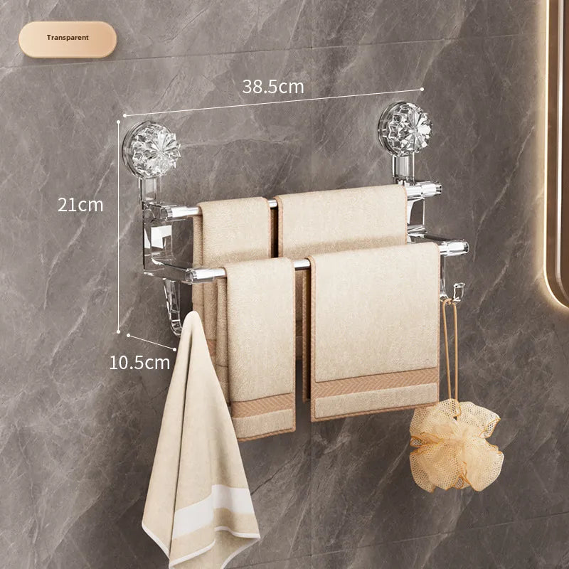 Double Rod suction cup towel rack household bathroom towel storage with hook wet and dry towel dual-use light luxury bathroom storage