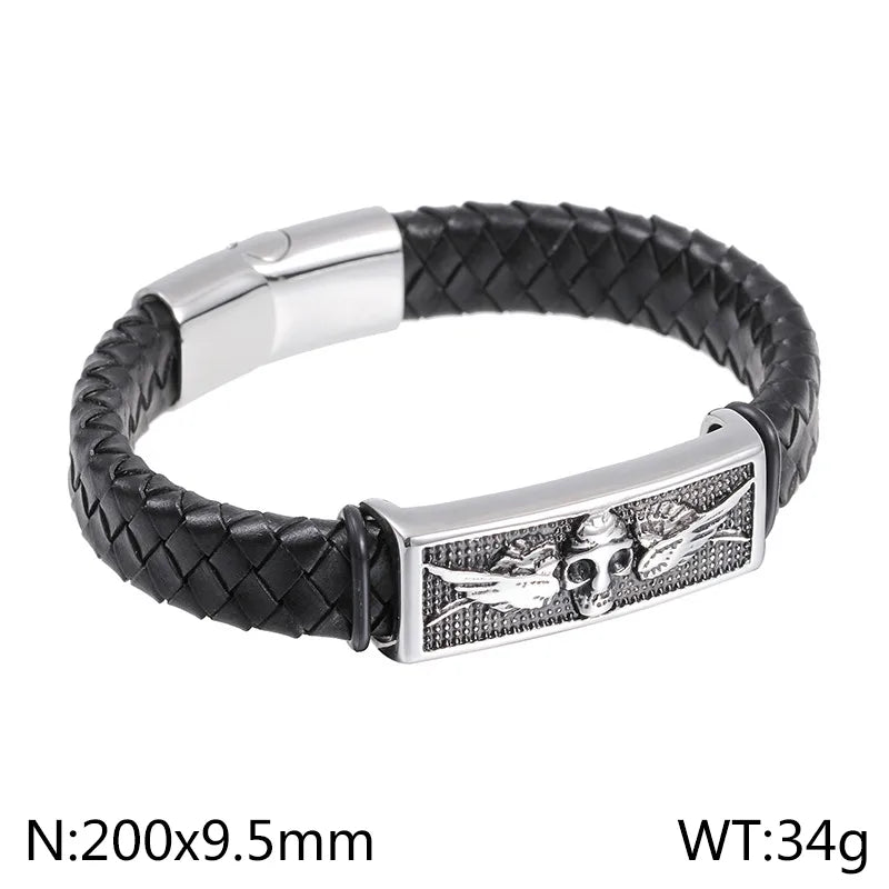 hip-hop retro color block stainless steel pu leather braid men's bangle