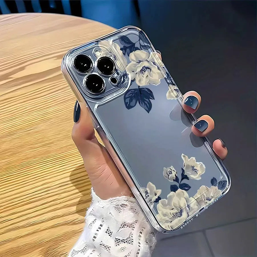 Elegant Blue Floral Design Phone Case For iPhone 15 Pro Max Transparent Space Style Apple 14 Hole Precision TPU Protective Cover