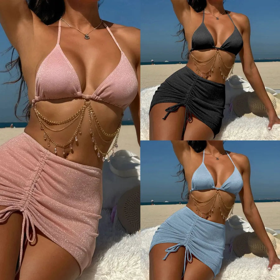Women's Sexy Solid Color 3 Pieces Set Bikinis Swimwear