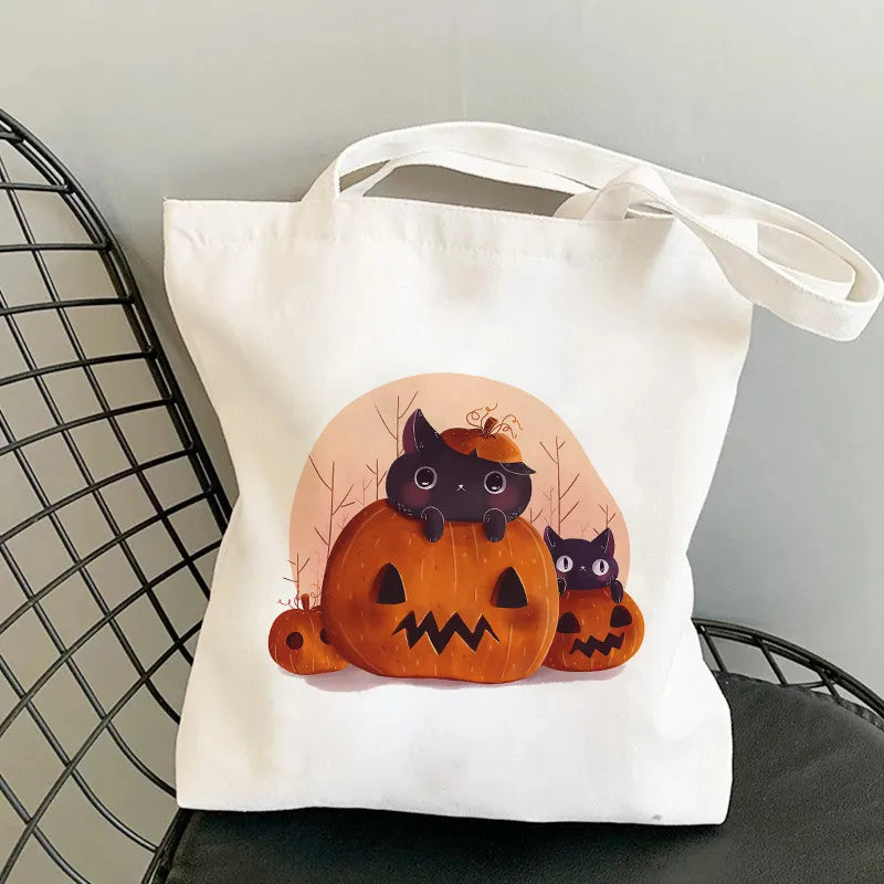 Halloween Women's Medium Canvas Pumpkin Cat Cute Square Open Underarm Bag