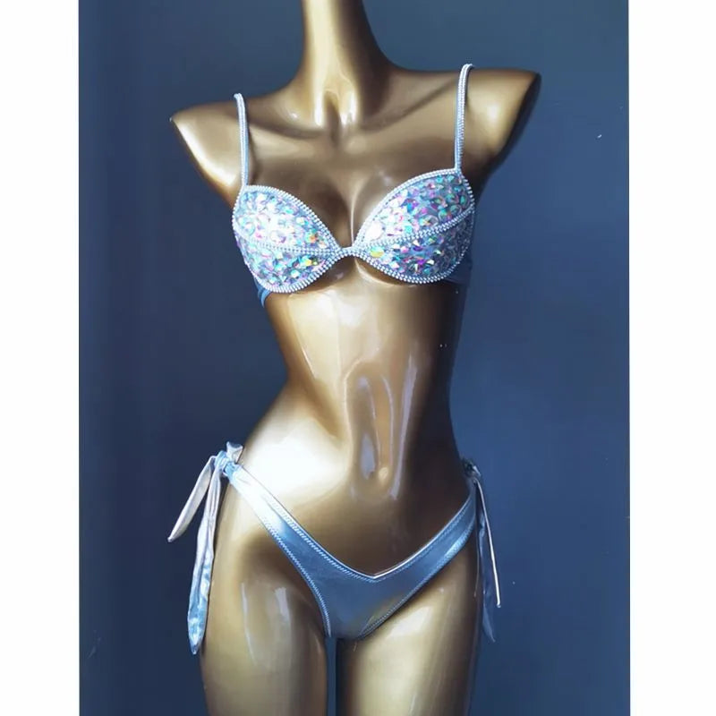 women's solid color rhinestone 2 piece set bikinis