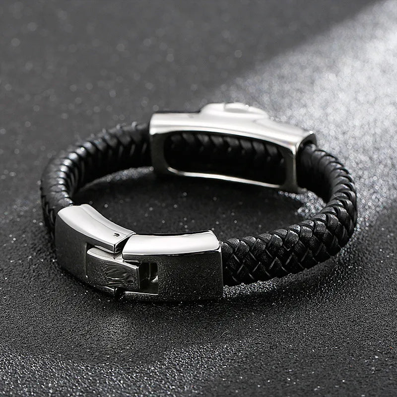 retro color block pu leather titanium steel braid men's bangle