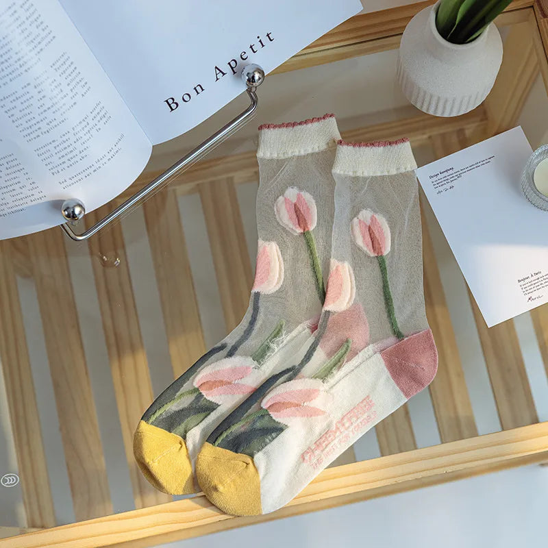 A Pair Cute Japanese Style Women's Flower Nylon Crew Socks