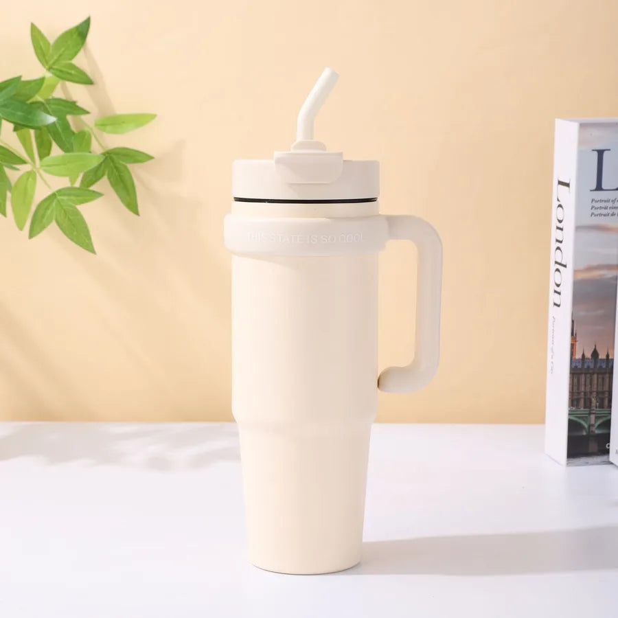 Giant 30Oz Handle Cup, 304 Stainless Steel Thermos Cup, Car Double Drinking Straw Large Ice Cup