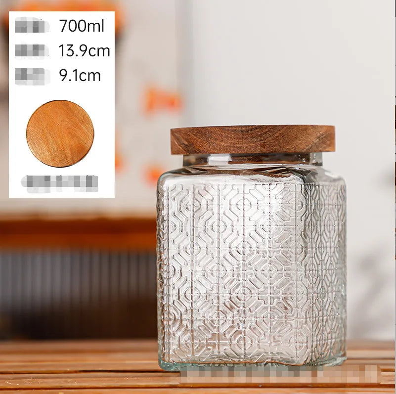Glass Embossed Glass Sealed Jar Square Storage Jar Snack Dried Fruit Storage Jar Kitchen Household Glass Jar Vintage