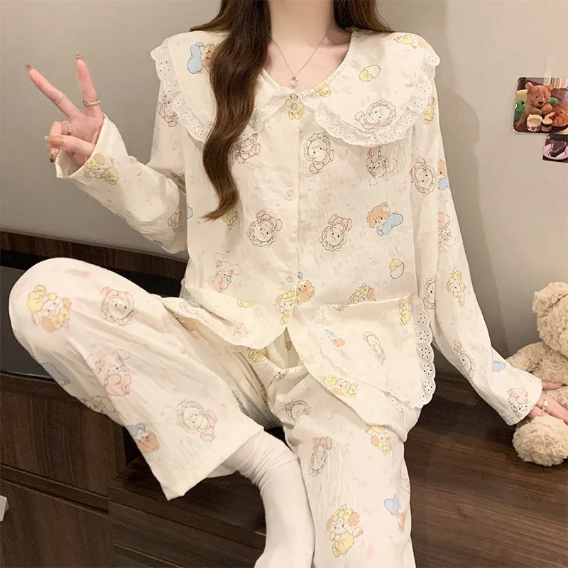 Sweet Cherry Cloud Cotton Long Sleeve Spring Home Clothes Set For Girls Comfortable Breathable Sleepwear Casual Style