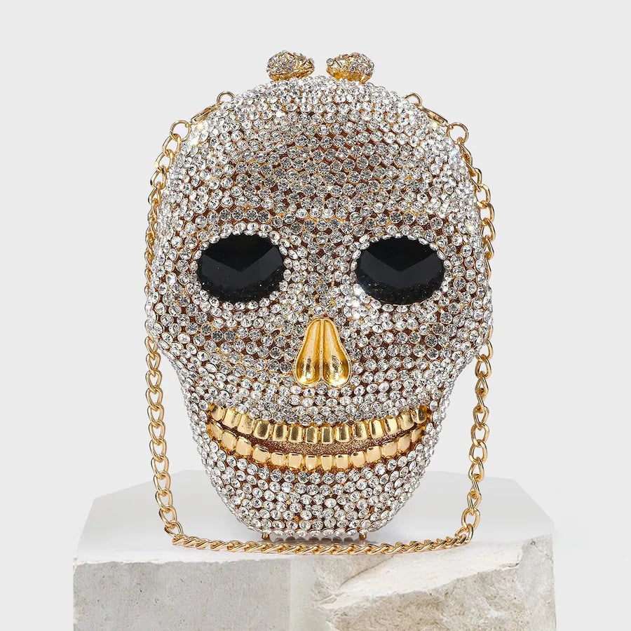 Gold Bottom White Diamond Pu Leather Skull Evening Bags