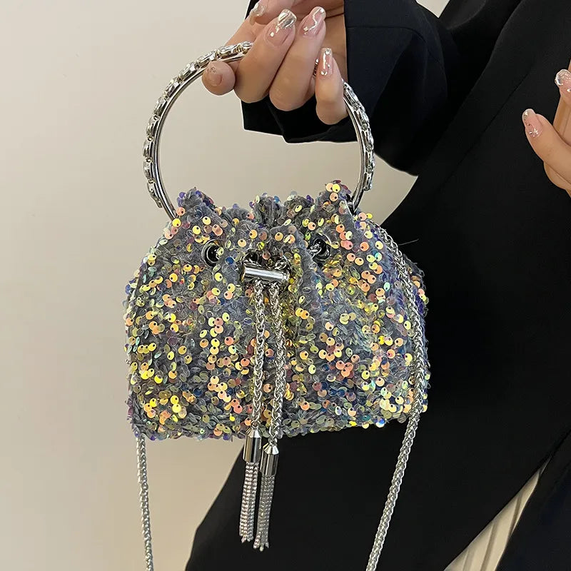 women's small spring&summer pu leather solid color fashion sequins bucket string bucket bag