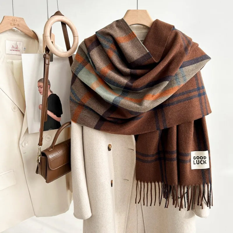 women's fashion simple style plaid polyester tassel scarf