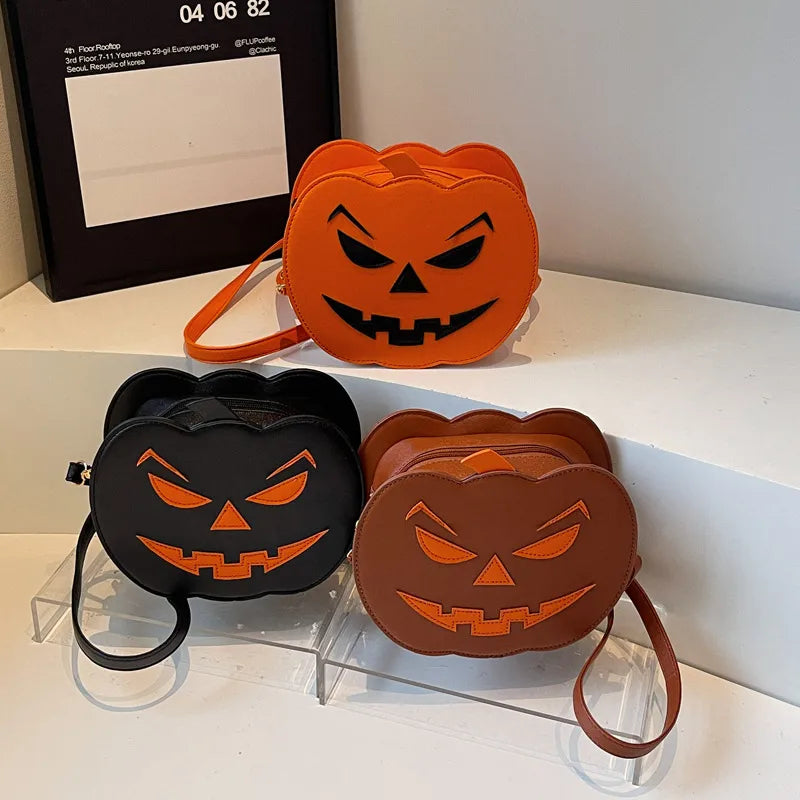 Halloween Small Pumpkin Shaped Crossbody Bag Women's Versatile Round Fashion Bag Polyester Inner Zipper Closure Shoulder Strap