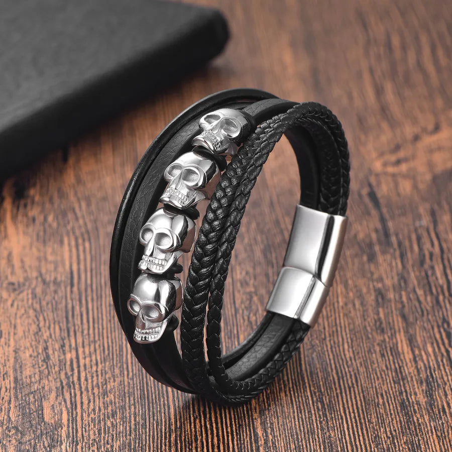 Hip-Hop Geometric Skull 316 Stainless Steel  Leather Polishing Halloween Men's Bracelets