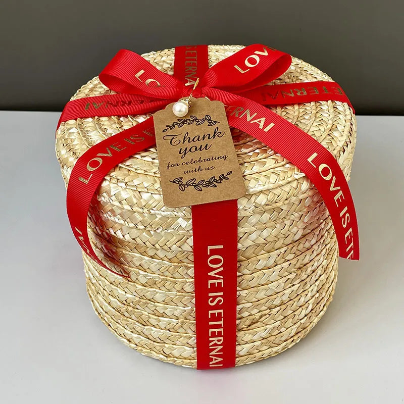 Round Straw Box with Lid Hug Bucket Rattan Hand Gift Box Baking Wedding  Storage Handmade Woven Box