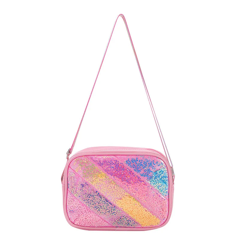 Kid'S Pu Leather Stripe Cute Sequins Square Zipper Shoulder Bag