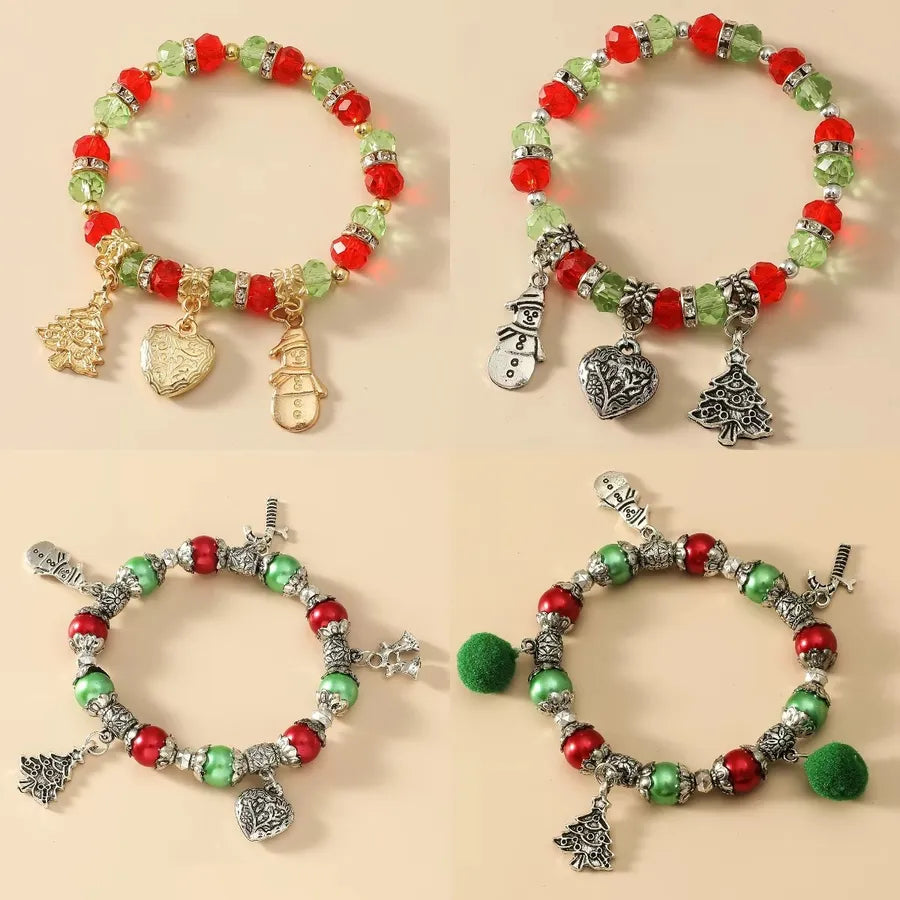 Handmade European Christmas Tree Beaded Bracelet Vintage Cute Snowman Silver Metal Bangle Women's Fashion Jewelry Accessory