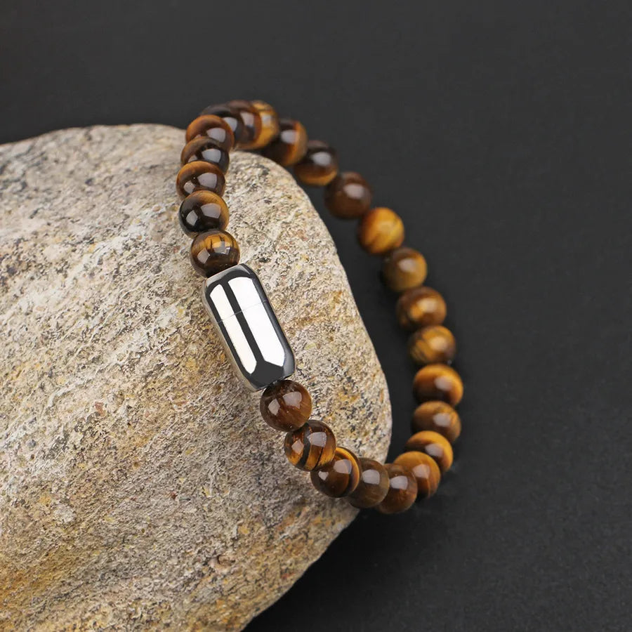 simple style round stainless steel stone beaded braid men's bracelets
