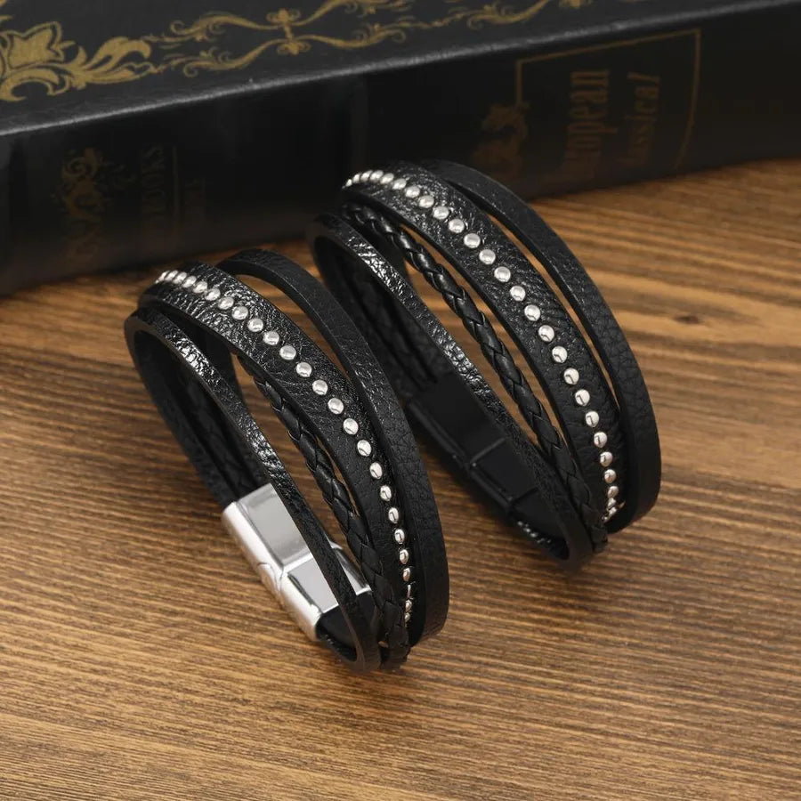 Retro Punk Solid Color Pu Leather Alloy Knitting Men's Bracelets Men Cord & Leather Bracelets