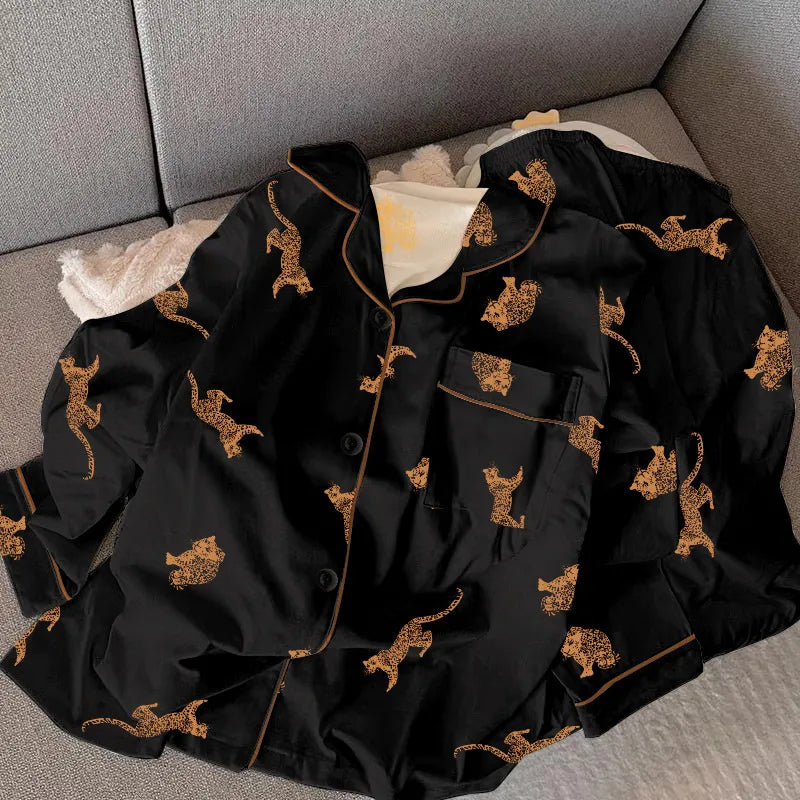 Black Money Leopard Print Sleepwear Set Women's Long Sleeve Long Pants Home Clothes Polyester Fabric Spring Autumn Wearable